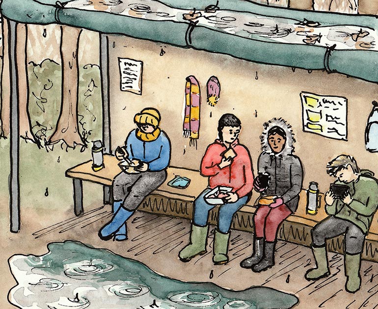 Detail from one of 30 ink and watercolour sketches by Sarah Hannis, provide an insight into the daily lives of migrant agricultural workers