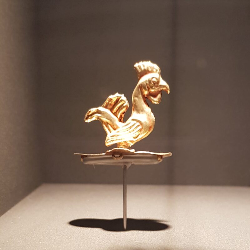 A golden rooster A miniature golden figurine of a rooster at the Kyrgyz State History Museum in Bishkek.