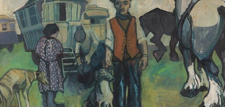 A large painting depicting gypsy or traveller people with horses, dogs and caravans