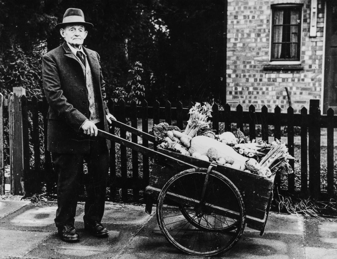 Black and white photograph of a man pushing a wheelbarrow