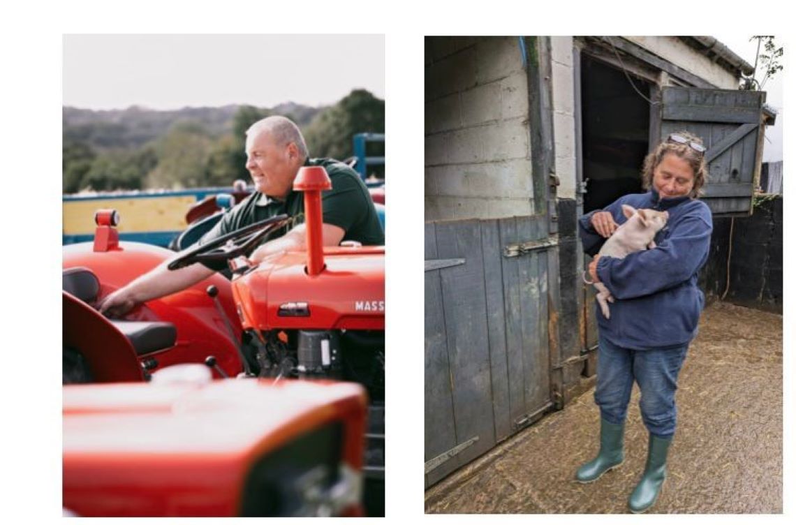 Image of a man with a tractor and a woman holding a small pig