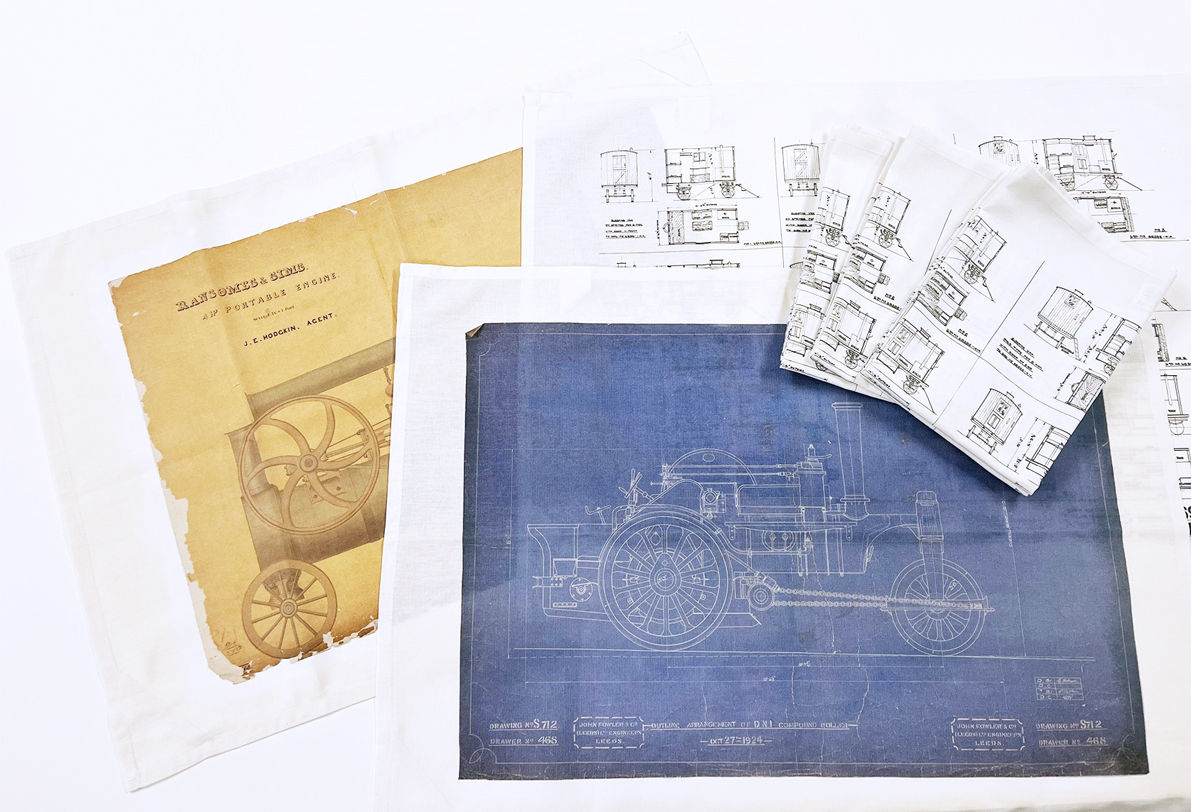 Blueprints and engineering drawings featured on tea towels